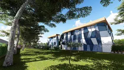 Architect's project of proposed glass modern chancery building for Indian embassy in Harare,Zimbabwe