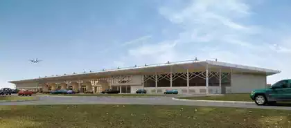 Landside departure view of Maun international airport building in Maun, Botswana