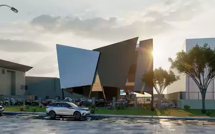 Street view of museum comprised of many intersecting panels