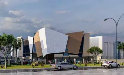 Corner view of institutional building comprised of 16 different panels as member states