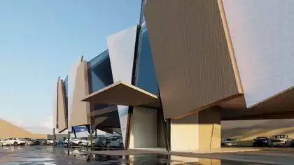 Entrance to SADC museum building raised above existing parking. Design by Pantic Architects