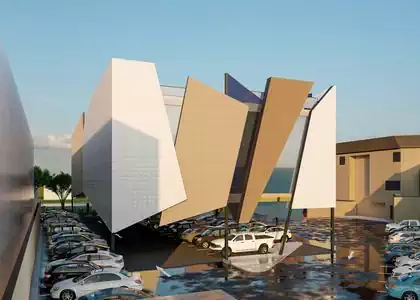 Corner view of new SADC museum building comprised of intersecting panels