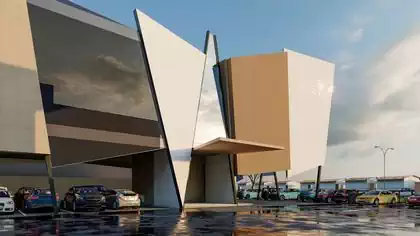Entrance to SADC museum building raised above existing parking. Design by Pantic Architects
