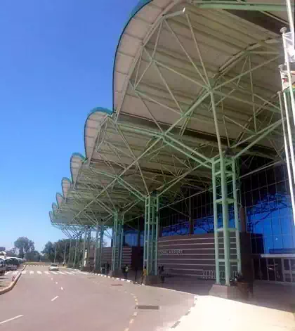 Elaborate steel structure carrying entrance canopy to VicFalls aiport