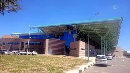 Side elevation of airport building with canopy and steel structure