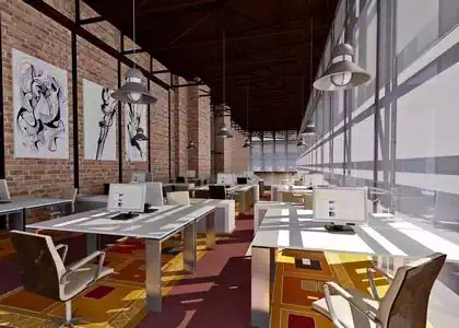 Modern loft warehouse open plan office interior design project for MPC headquarters in Belgrade. Glass wall on one side and facebrick wall opposite