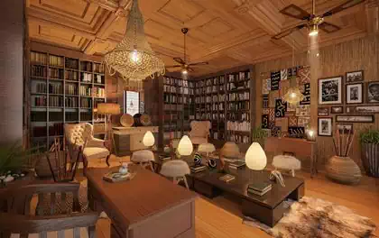 Interior of antique shop with vintage mood. Large bookcase and natural materials. Interior designer Pantic Architects