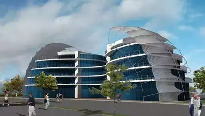 Groovy round spherical apartment building with curved glass walls and semi-transparent cloth shade