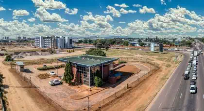 Modern facebrick and glass minimalist office building designed by architect in Gaborone Botswana