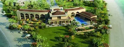 Large modern arabian mansion like palace within greenery and private beach. Typical arabian motiffs and architectural details