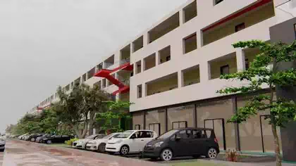 Modern multistory residential buildings with apartments of various sizes. Multicoloured intimate balconies and variety. Architectural design by Pantic Architects