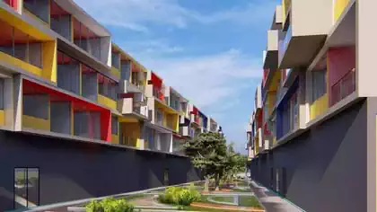 Modern multistory residential buildings with apartments of various sizes. Multicoloured intimate balconies and variety. Architectural design by Pantic Architects