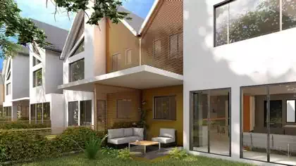 Duplex house detail of covered veranda under slab. Wooden brise-soleils providing shade in modern townhomes designs