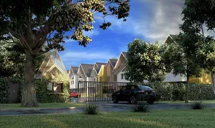 Modern guardhouse and refuse by entrance to modern housing development