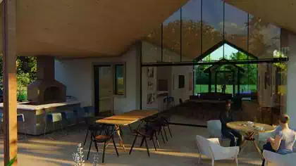 Modern veranda with dining table and eatery looking into double volume living room. Victoria Falls house designs by Pantic Architects