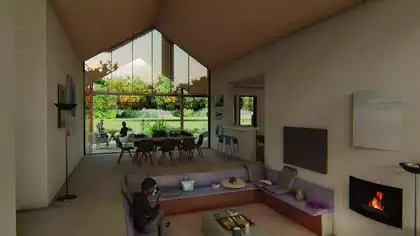 Double volume high ceiling living and dining room in luxury house. Glass opening towards garden and veranda