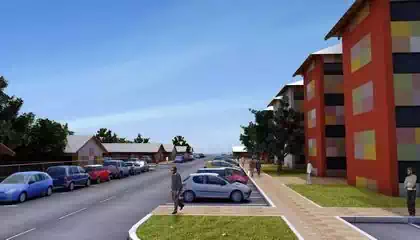 Glaudina cluster complex in Harare Zimbabwe showing cars and people in front of apartment buildingslaudina residential complex in Harare Zimbabwe showing cars and people in front of apartment buildings