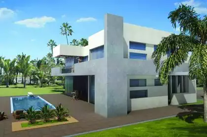 White and grey minimalist modern house with horizontal windows and overhanging balconies