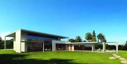 Modern house with double volume entrance and hourizontal windows and angular design by architect from Harare. Large overhanging roofs providing shade and protection