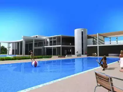 Enormous modern palace like house with huge pool and people sunbathing. Shaded house by canopies