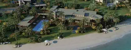 Aerial view of modern enormous house like palace emerged within greenery and trees. Wooden louvres and large covered verandas provide shade