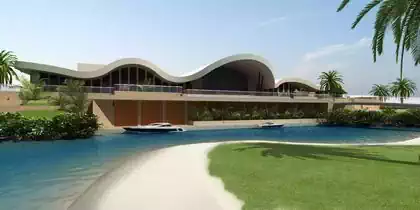 Boat jetty and interior parking by quay and private island on luxurious undulating villa in Dubai