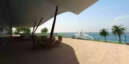 Enormous veranda overlooking the ocean in luxurious beach mansion in Dubai. design by Pantic Architects