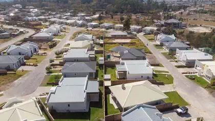 Aerial view of different house styles in cluster house development in Arlington Harare