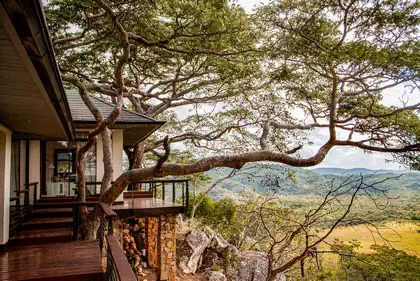 Contemporary house on hilltop among trees with ample verandas