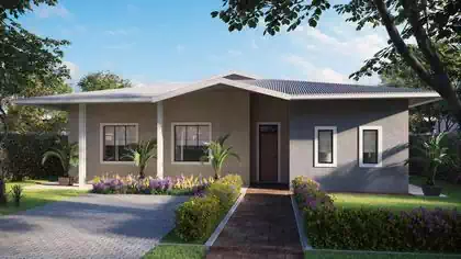 Contemporary modern zimbabawean house with louvres in roof and wooden columns. Walkway to covered porch and large windows in housing complex Victoria Falls Estate