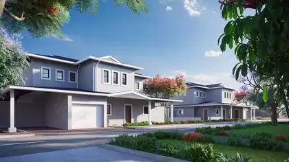 Streetview of conmporary Zimbabwean houses in planned residential complex. Lush vegetation integrated into design