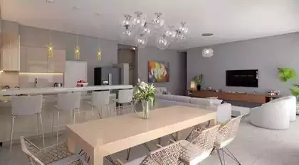 Amazing open plan living area with bar counter dining table and lazy tv area. Stylish ratan chairs and metallic bar stools. Interior design by Pantic Architects