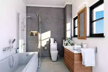 Modern master bathroom with suspended toilet and vanity next to minimalist shower and bath in Victoria Falls housing development