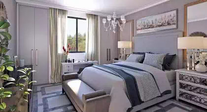 Master bedroom with huge bed and dressing table. Decorated nightstands and mirrors on both sides.