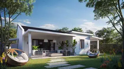Comfortable veranda overlooking cool and shady garden with many trees. Cape dutch house in Zimbabwean residential complex. House design by Harare architect
