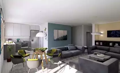 Open plan garden apartment with living, dining and kitchen in one space. Pastel colours and greys give a modern feel