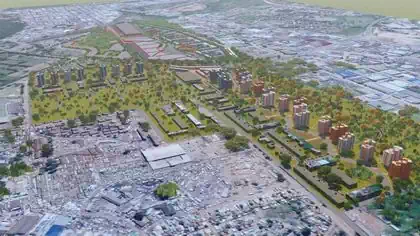 Rendering of aerial view of project addressing housing problem with multistory buildings in Mbare, Harare