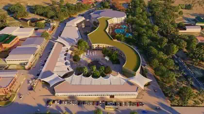 Aerial rendering view of green buildings and central square with pools vegetation in Victoria falls, in urban context